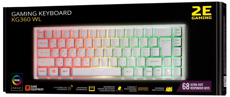 Ігрова клавіатура 2E GAMING KG360 RGB 68key WL Ukr (White) 2E-KG360UWT фото