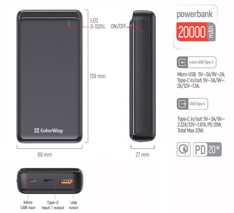 Портативна батарея ColorWay 20 000mAh PD+QC3.0 20W (Black) CW-PB200LPG3BK-PD фото