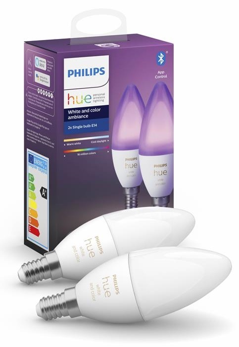 Комплект ламп Philips Hue E14, 5.3W(40Вт), 2000K-6500K, Color, Bluetooth, з димером, 2 шт 929002294210 фото