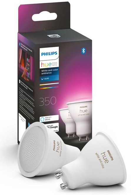 Лампа розумна Philips Hue GU10, 5.7W(50Вт), 2000K-6500K, RGB, ZigBee, Bluetooth, з димером, 2 шт 929001953120 фото