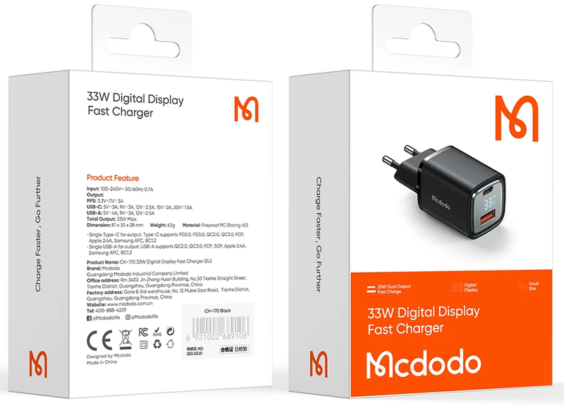 Універсальний ЗП McDodo CH-1701 33W +USB-C PD+QC3.0 LED (Black) фото