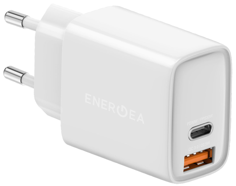 Универсальное сетевое ЗУ Energea AMPCHARGE PS33 USB-C PD/PPS port+USB-A SCP/QC3.0, 33W (White) фото