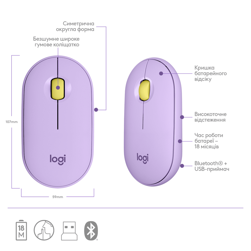 Миша Logitech Wireless M350 (Lavander Lemonade) 910-006752 - фото - №5