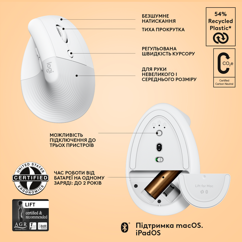 Мышь Logitech Lift for Mac Vertical Ergonomic Wireless/Bluetooth (White) 910-006477 фото