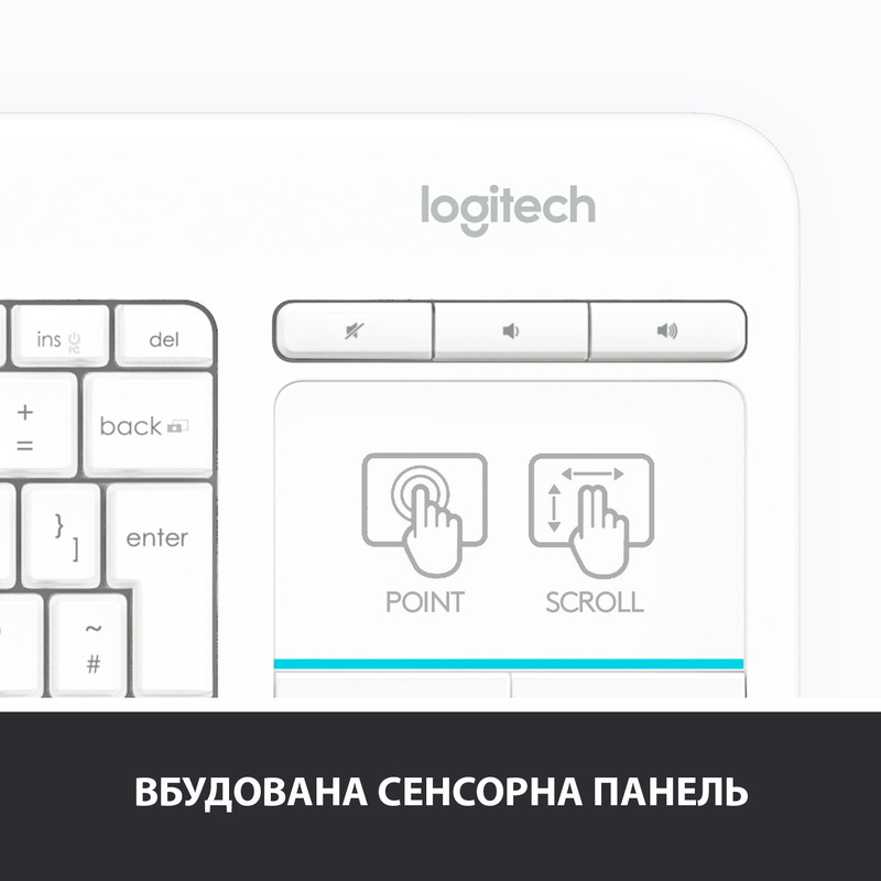 Клавiатура Logitech K400 Touch Plus UA Wireless (White) 920-007146 - фото - №3
