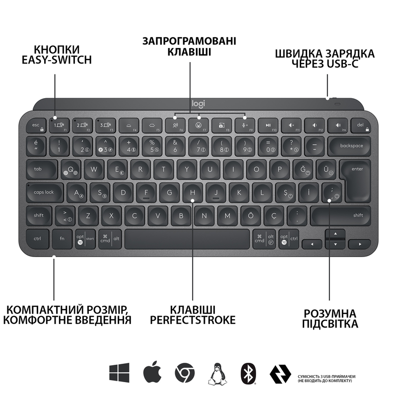 Клавиатура Logitech MX Keys Mini Minimalist Illuminated UA Wireless (Graphite) 920-010498 фото