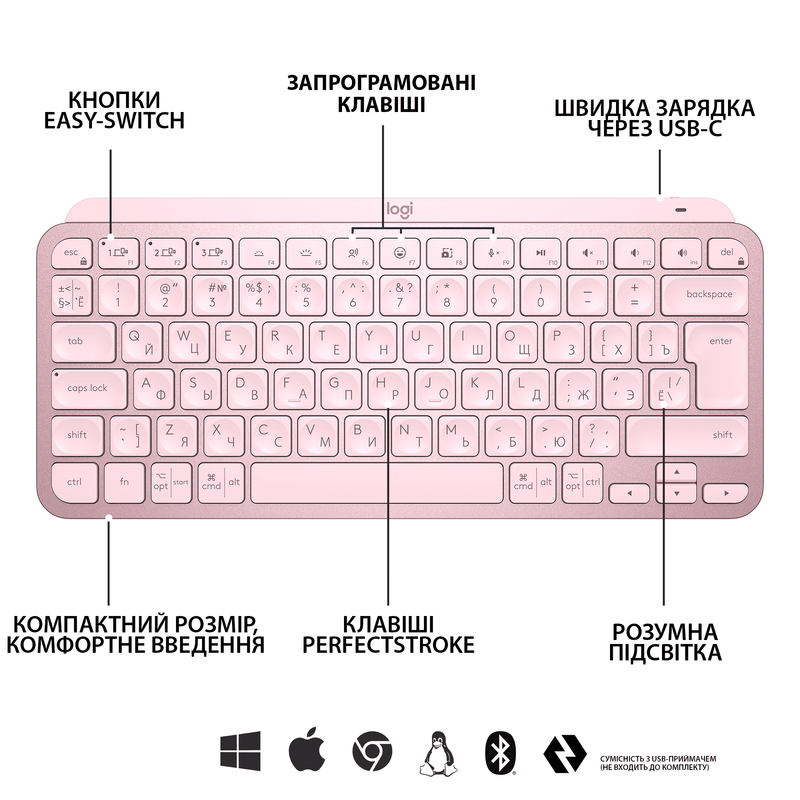 Клавиатура Logitech MX Keys Mini Minimalist Illuminated UA Wireless (Rose) 920-010500 - фото - №5