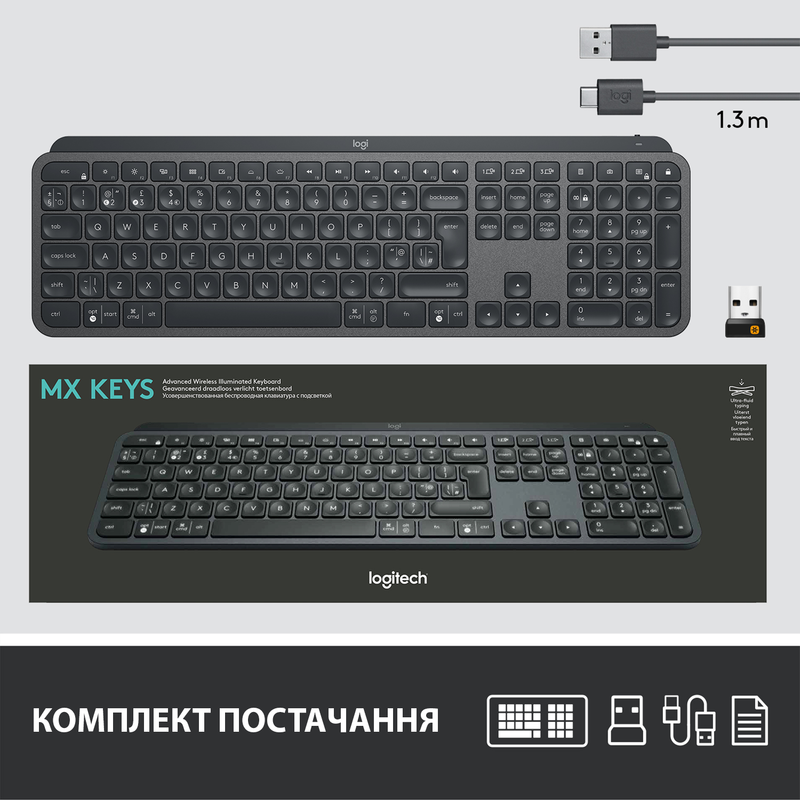 Клавiатура Logitech MX Keys Advanced Illuminated UA Wireless (Graphite) 920-009415 фото