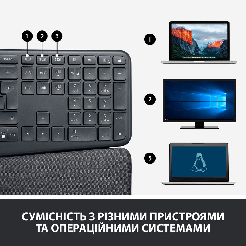 Клавiатура Logitech K860 ERGO UA Bluetooth/Wireless (Graphite) 920-010108 фото
