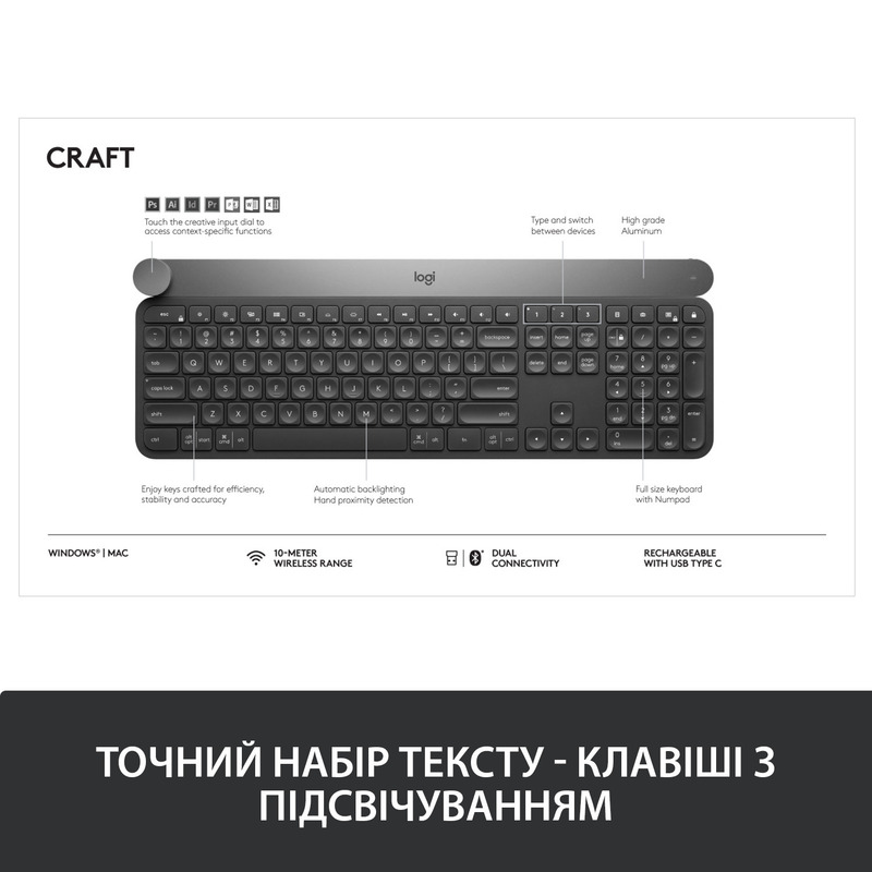 Клавiатура Logitech CRAFT UA USB/Bluetooth (Black) 920-008504 - фото - №3