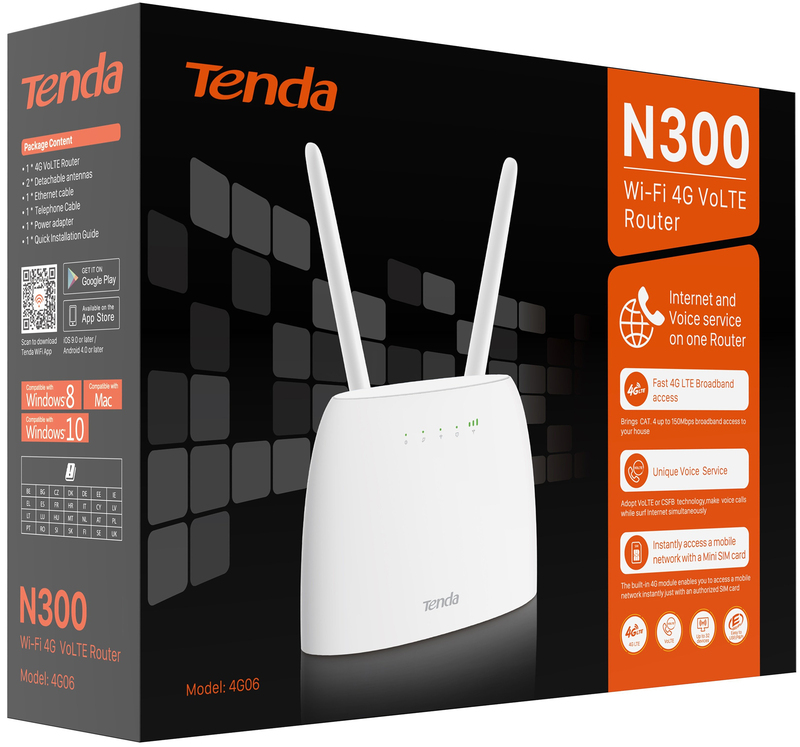 Интернет роутер Tenda 4G06 N300, 4G/LTE, 1xFE LAN, 1xFE LAN/WAN, 1xRJ11, Cлот для SIM-карты фото