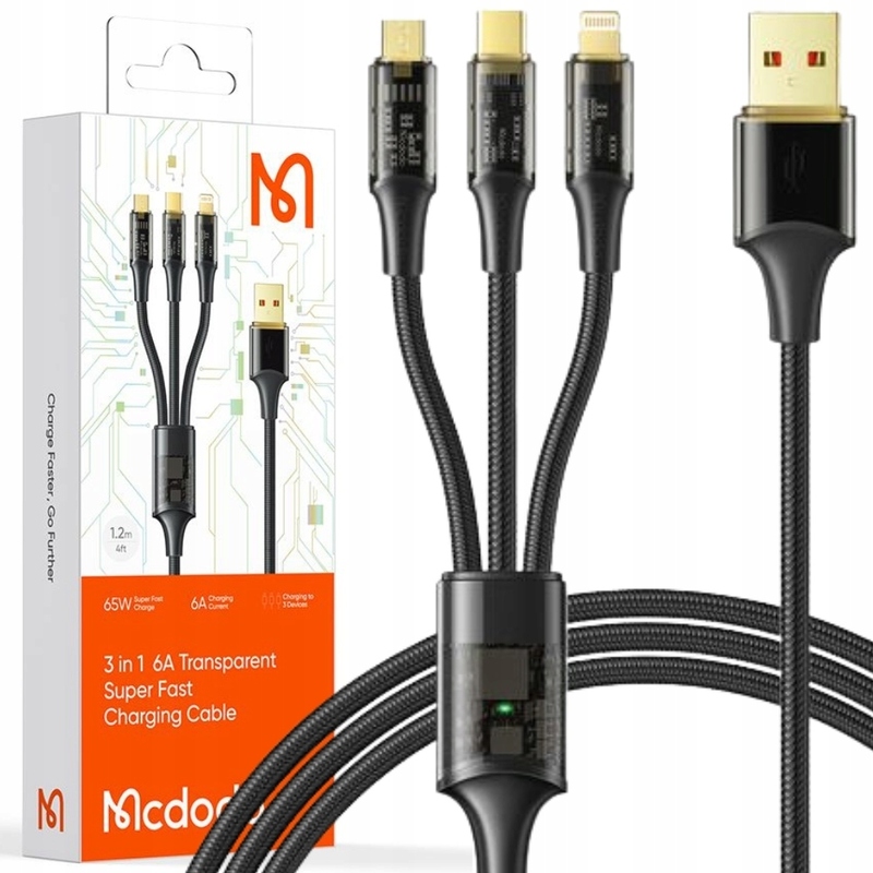 Кабель 3 в 1 USB для Lightning + microUSB + USB-C McDodo (CA-3330) Armer Ser. 1.2m чорний фото