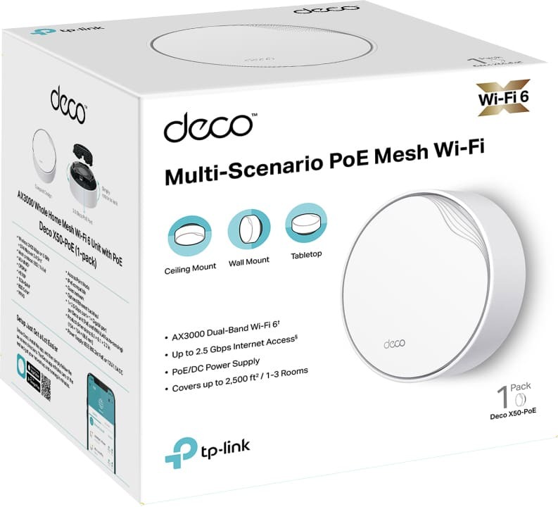 Iнтернет роутер TP-Link Deco Deco X50-PoE (1-pack) Wi-Fi 6 (2.4Gz/5Gz) 574+2402Мбіт/с фото