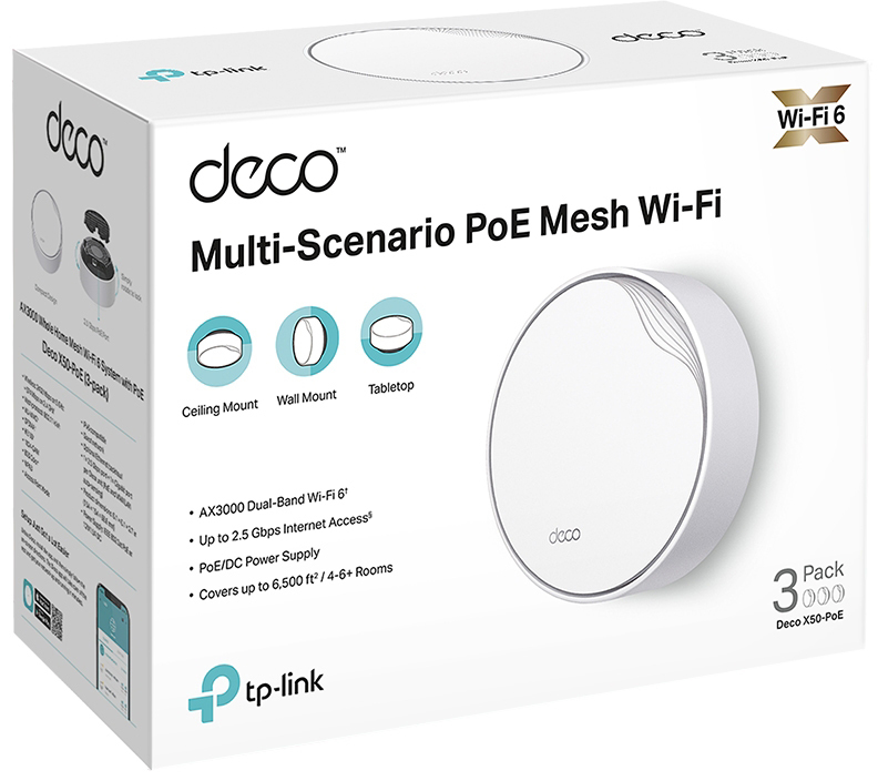 Iнтернет роутер TP-Link Deco Deco X50-PoE (3-pack) Wi-Fi 6 (2.4Gz/5Gz) 574+2402 Мбіт/с фото