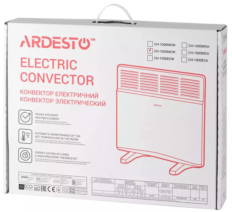 Електричний конвектор Ardesto CH-1000MCW, 10 м2, 1000 Вт, закритий нагрівання, елемент фото