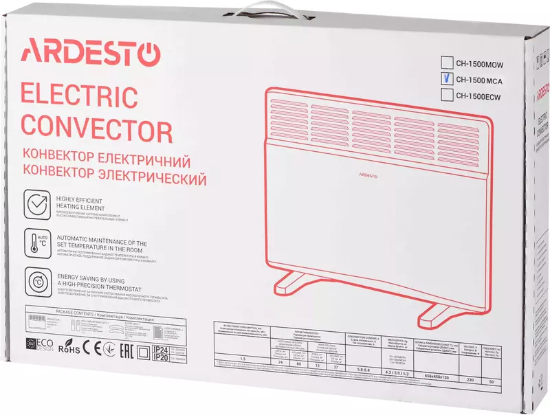 Електричний конвектор Ardesto CH-1500MCA, 15 м2, 1500 Вт, закритий нагрівання, елемент фото