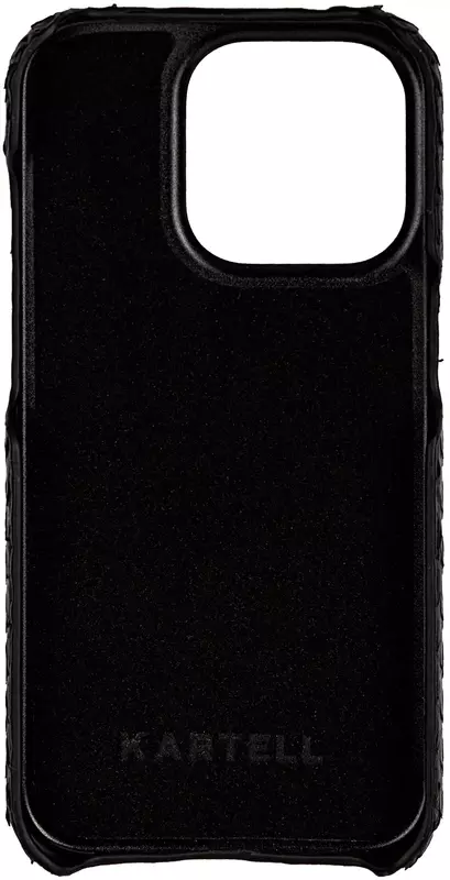Чохол для iPhone 15 Pro Kartell повністю обтягнутий чорною натуральною шкірою з широкими лусочками фото