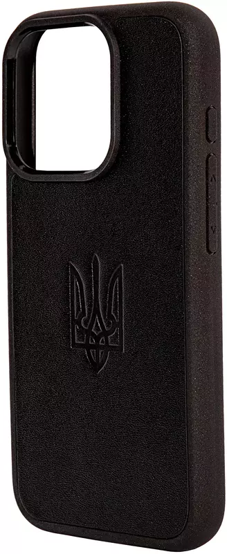 Чохол для iPhone 15 Pro Kartell чорна натуральна шкіра з тисненням Герба України фото