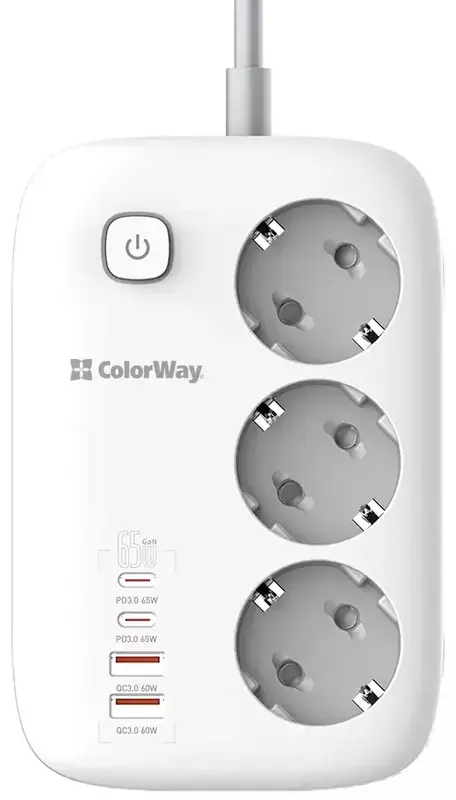 Мережевий подовжувач ColorWay (CW-CHE34PDW) 3 розетки + 4 USB (GaN3 Pro PD) фото
