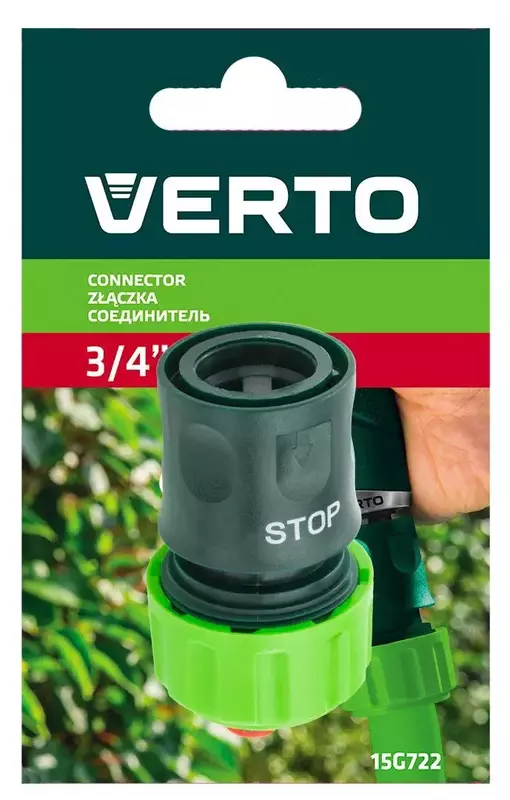 Коннектор для шланга Verto, 3/4", с автостопом, однокомпонентный фото