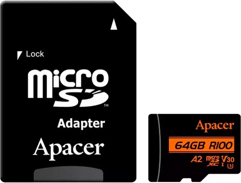Карта памяти MicroSD Apacer 64GB C10 UHS-I U3 A2 R100/W80MB/s + SD фото