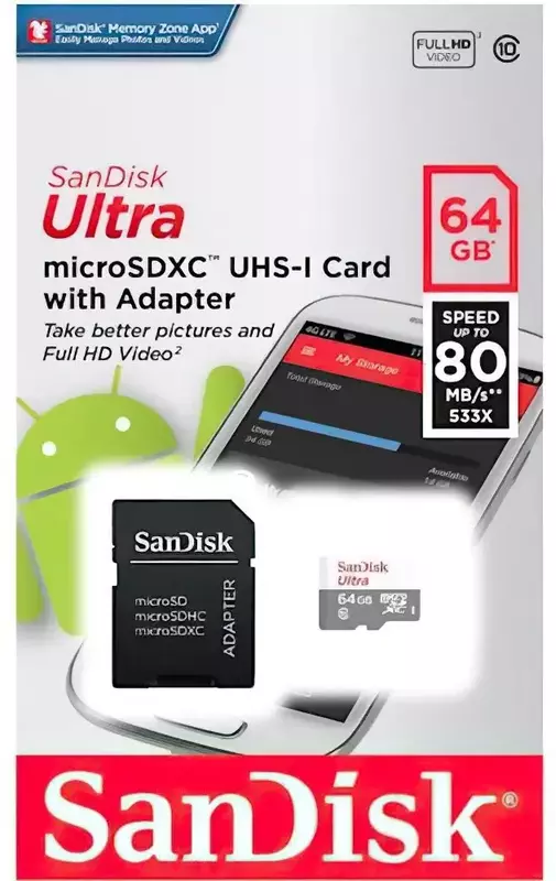 Карта пам'яті microSD SanDisk 64GB C10 UHS-I R100MB/s Ultra + SD (SDSQUNR-064G-GN3MA) фото