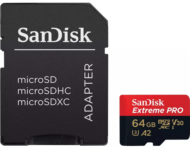 Карта пам'яті microSD SanDisk 64GB C10 UHS-I U3 R200/W90MB/s Extreme Pro V30 + SD (SDSQXCU-064G-GN) фото