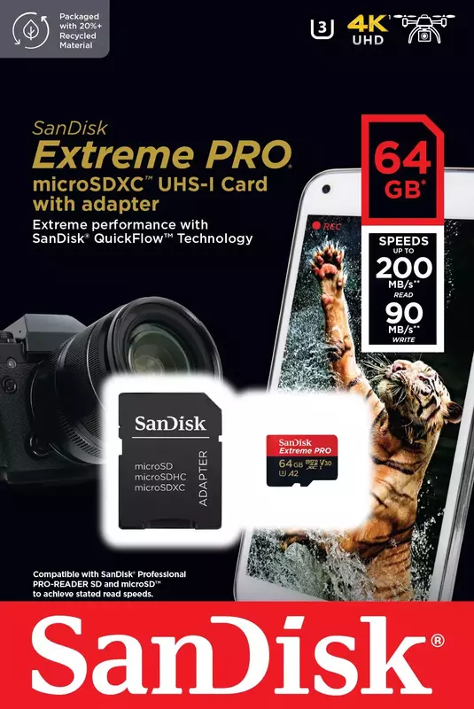 Карта пам'яті microSD SanDisk 64GB C10 UHS-I U3 R200/W90MB/s Extreme Pro V30 + SD (SDSQXCU-064G-GN) фото