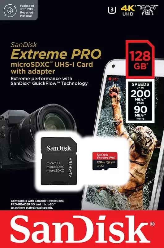Карта пам'яті microSD SanDisk 128GB C10 UHS-I U3 R200/W90MB/s Extreme Pro V30 + SD (SDSQXCD-128G-GN) фото