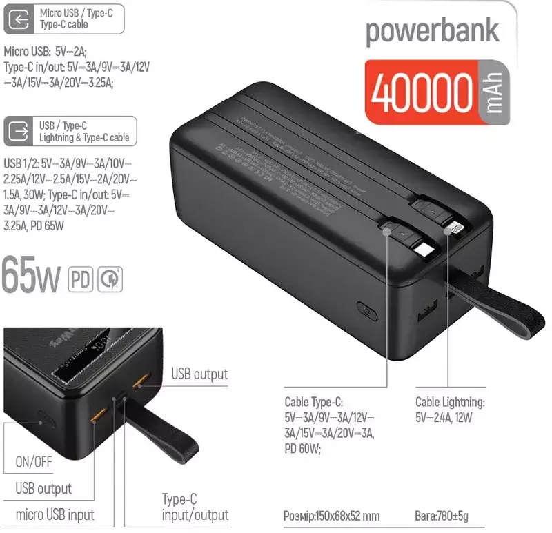 Порт.ЗП ColorWay (CW-PB400LPA4BK-PDD) Power ful 40000mAh PD+QC3.0 65W чорний фото