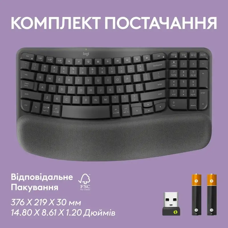 Клавиатура Logitech Wave Keys ergonomic 2.4GHZ/BT UA (Graphite) 920-012304 фото