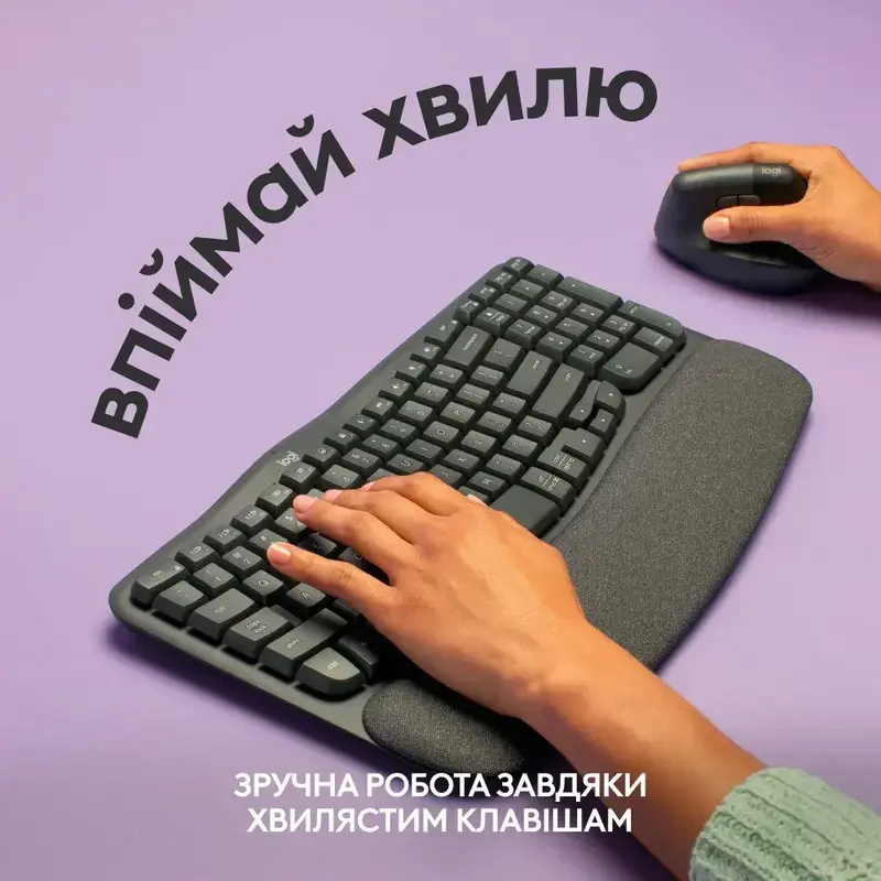 Клавiатура Logitech Wave Keys ergonomic 2.4GHZ/BT UA (Graphite) 920-012304 фото