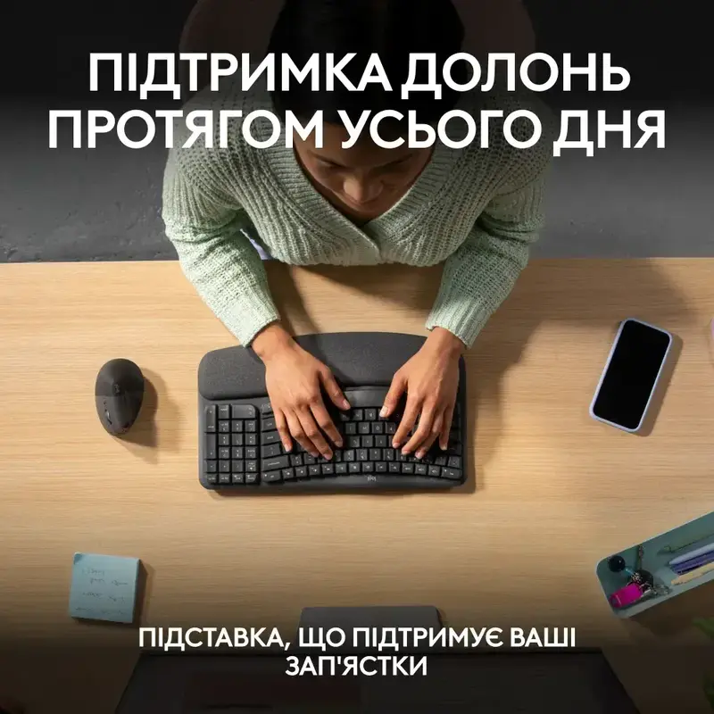 Клавiатура Logitech Wave Keys ergonomic 2.4GHZ/BT UA (Graphite) 920-012304 фото