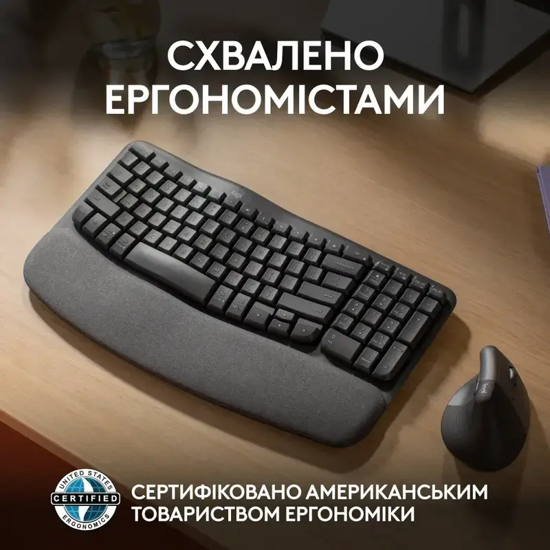 Клавiатура Logitech Wave Keys ergonomic 2.4GHZ/BT UA (Graphite) 920-012304 фото