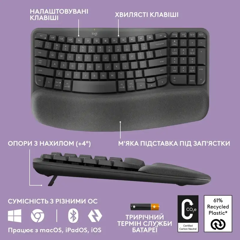 Клавiатура Logitech Wave Keys ergonomic 2.4GHZ/BT UA (Graphite) 920-012304 фото