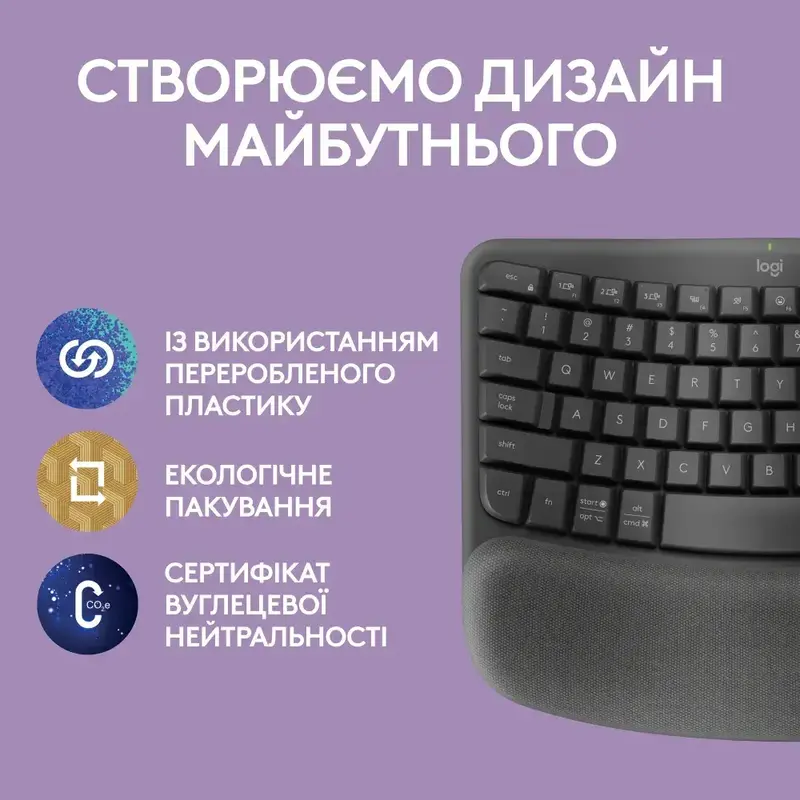 Клавiатура Logitech Wave Keys ergonomic 2.4GHZ/BT UA (Graphite) 920-012304 фото