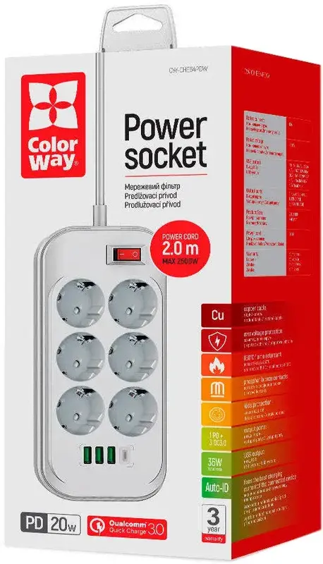 Сетевой удлинитель ColorWay (CW-CHE64PDW) 6 раз. + 4 USB (Type-C PD20W + 3USB QC3.0) фото