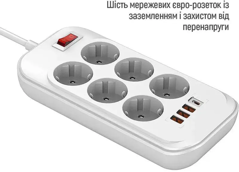 Сетевой удлинитель ColorWay (CW-CHE64PDW) 6 раз. + 4 USB (Type-C PD20W + 3USB QC3.0) фото