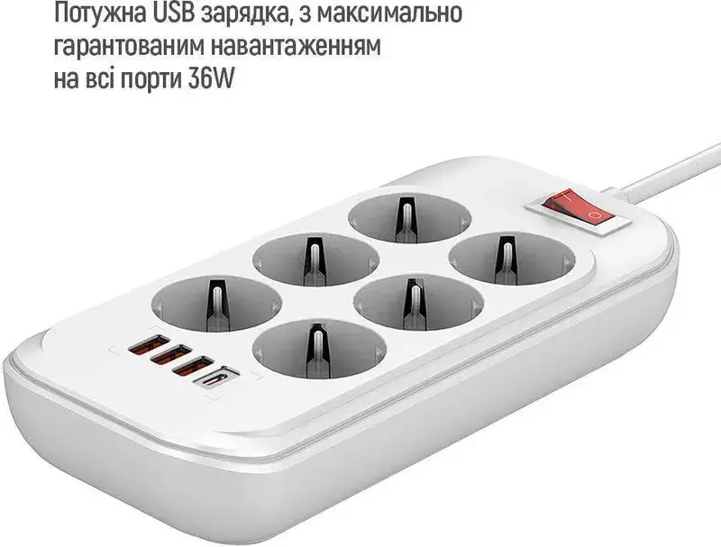 Сетевой удлинитель ColorWay (CW-CHE64PDW) 6 раз. + 4 USB (Type-C PD20W + 3USB QC3.0) фото