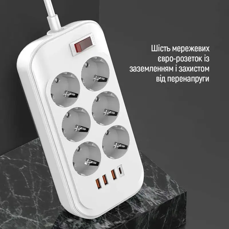Сетевой удлинитель ColorWay (CW-CHE64PDW) 6 раз. + 4 USB (Type-C PD20W + 3USB QC3.0) фото