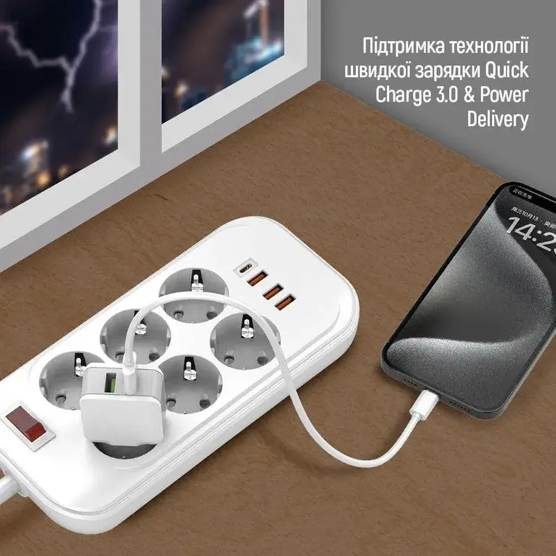 Сетевой удлинитель ColorWay (CW-CHE64PDW) 6 раз. + 4 USB (Type-C PD20W + 3USB QC3.0) фото