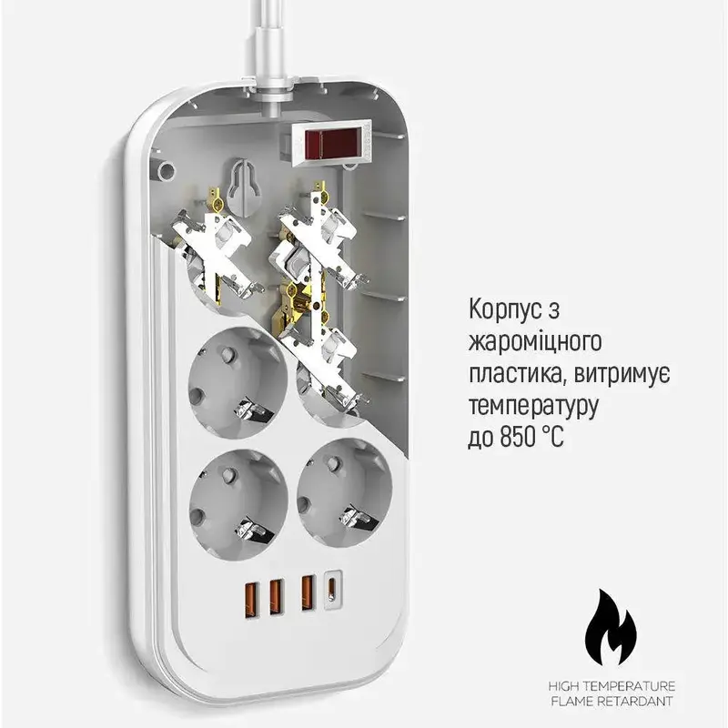 Сетевой удлинитель ColorWay (CW-CHE64PDW) 6 раз. + 4 USB (Type-C PD20W + 3USB QC3.0) фото