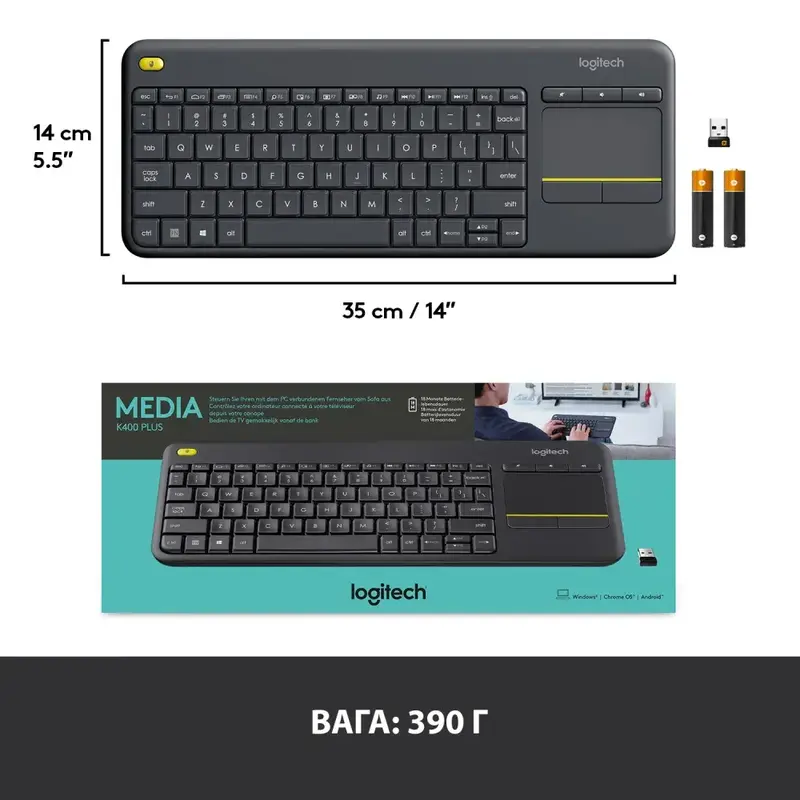Клавіатура Logitech K400 Touch Plus UA Wireless (Black) 920-007145 фото