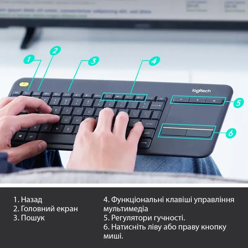 Клавіатура Logitech K400 Touch Plus UA Wireless (Black) 920-007145 фото