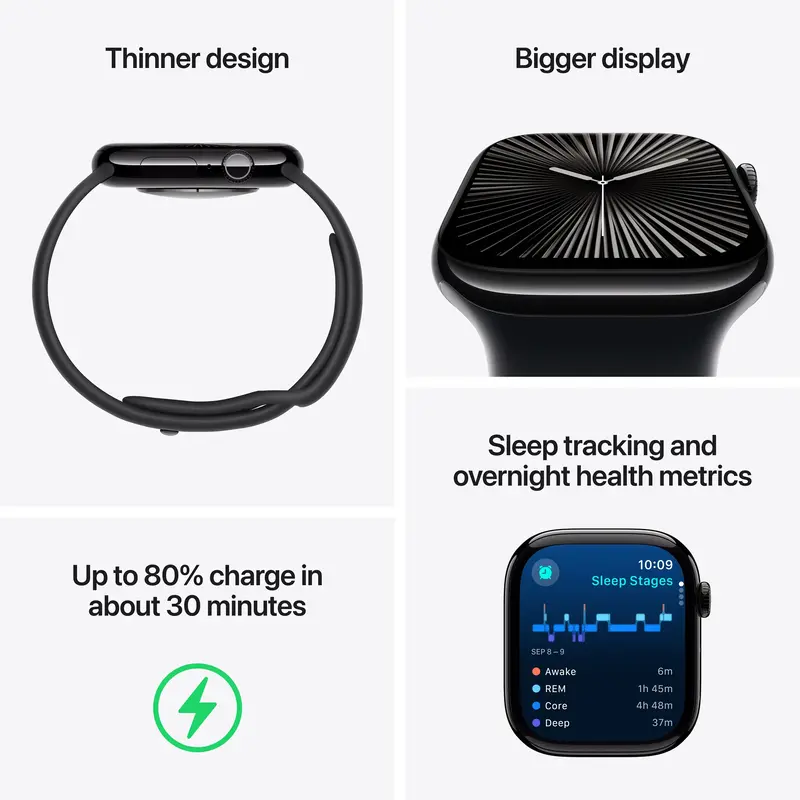 Apple Watch Series 10 GPS 46mm Jet Black Aluminium Case with Black Sport Band - M/L фото