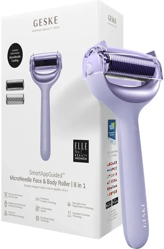 Електронний ролер для обличчя з мікроголками GESKE MicroNeedle Face & Body Roller 8 в 1 фіолетовий - фото - №0