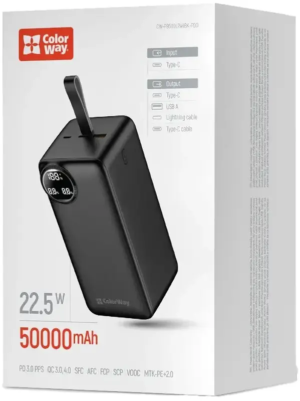 Порт.ЗП ColorWay (CW-PB500LPA4BK-PDD) Power ful 50000mAh PD+QC3.0 22.5W чорний фото