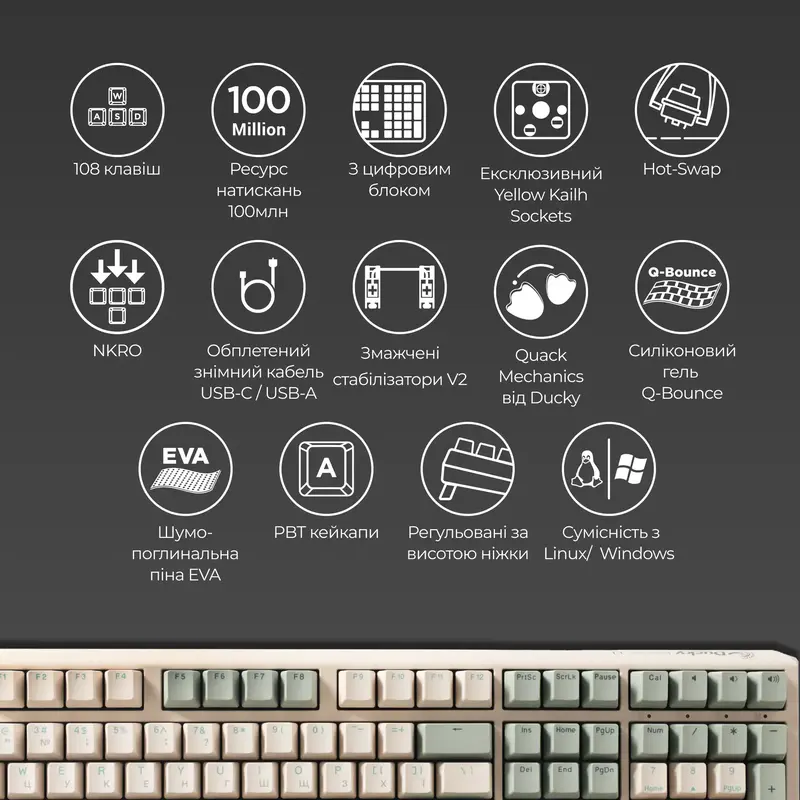 Ігрова клавіатура Ducky One 3 Cherry MX Brown Matcha Cream - фото - №3