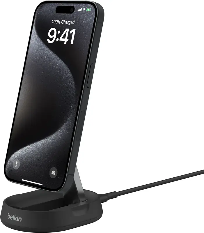 Бездротовий ЗП Belkin 15Вт Magnetic Stand Qi2, адаптер 20Вт USB-C, чорний - фото - №6