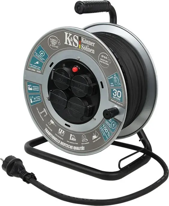 Мер. подовжувач Konner&Sohnen KS CRM-30M, 3600Вт, 4х16А/230В, 3х2.5мм, IP44, на котушці, 30м фото